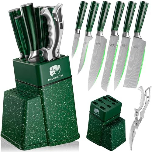 FULLHI 8-Piece Block Knife Set, Chef's Knife Set with Block and Sharpener, Kitchen Knives Set, Multicoloured Handle, Gifts for Men Women (Green Resin)