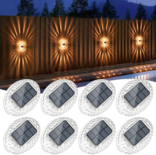Quntis Warm White Outdoor Solar Fence Lights 360° Lighting Effect, 8Pack