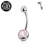 FunZing Bauchnabelpiercing Titan Silber, 14mm Stablänge, 14G Solid Titan, Rosa CZ Nabel Ringe für Body Piercing