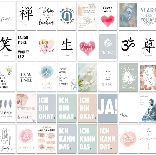 the lazy panda card company 60er Set Achtsamkeits Postkarten – Inspirierende Karten für Wanddekoration & Display!