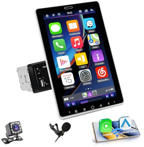 1 Din 10.1” IPS Touchscreen Autoradio con AM Wireless CarPlay Android Auto | Drehbar Touchscreen Radio con Bluetooth 5.2 FM RDS Radio con USB AUX IN TF Card SWC AM Autoradio Telecamera di Retromarcia