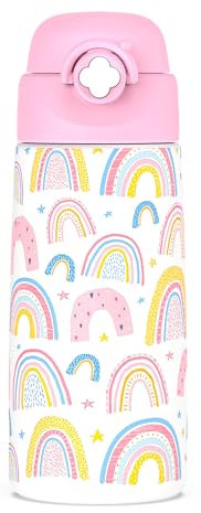 Ntswasd Botella De Agua Aislada Para Niños Con Pajita Desplegable,500 Ml,taza Infantil De Acero Inoxidable,a Prueba De Fugas-sin Bpa,para La Escuela,niñas(Arco Iris)