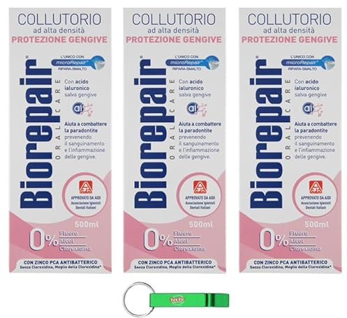 3x Biorepair, Collutorio Protezione Gengive - Mundspülung Mundwasser mit Hoher Dichte, Schutz vor Zahnfleischbluten, Fluoridfrei, alkoholfrei 500ml + Beni Culinari Kostenloser Schlüsselanhänger
