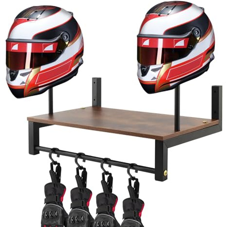 Soporte De Pared para Cascos con Estantes De Madera Y 4 Ganchos | Ideal Para Cascos De Moto, Bicicleta O Fútbol, También Para Gorras Y Accesorios