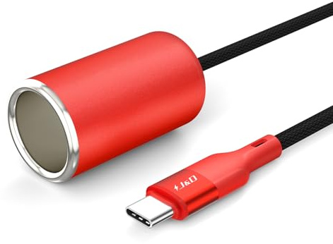 J&D USB-C auf 12V Zigarettenanzünder Adapter, 36W Typ-C Port mit PD-Protokoll, USB-C Stecker auf KFZ-Stromkabel für Dashcam, GPS, Rot, 0.3 m