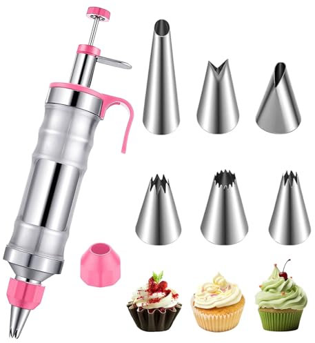 HAPPOW Tortenspritze, Sahnespritze, Garnierspritze Edelstahl mit 6 Spritztüllen, Spritzbeutel Wiederverwendbar, für Cupcakes, Kuchen, Kekse, Donuts, Gebäck (Rosa)