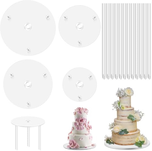 Lunhoo Cake Supports for Tiered Cakes 4, 6, 8, 10, Cake Stand Fittings, 4 Cake Boards and 12 Cake Dowels for Tiered Cakes, Layer Cake, Wedding Cake Stand, Tiere Cake Stands