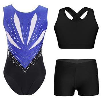 Fldy Kinder Mädchen Gymnastikanzug Mit Kurze Hose Set Glitzer Turntrikot Ärmelloses Sport Tank Top Für Tanz Akrobatik A_Blau&Schwarz 146-152