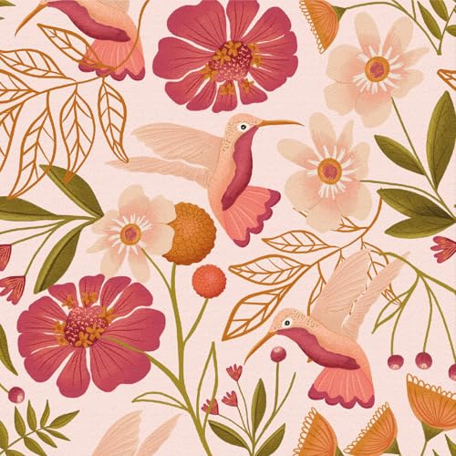 ANLIKY-Pro Self Adhesive Wallpaper Pink Floral Bird Peel and Stick Contact Paper, 44x300CM Abstract Seamless Flower Print Removable Wallpaper Decorative Film for Wall Decal