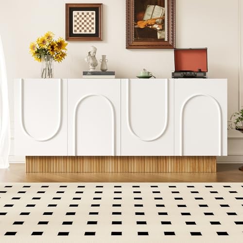 FammyLoft Moderner Sideboard-Schrank mit 4 Türen, Aufbewahrungsschrank mit Großem Stauraum und Klarer U-Form-Struktur, Wohnzimmer-Sideboard mit Praktische Mehrfachfächer, 160*75*38cm, Weiß + Holzfarbe