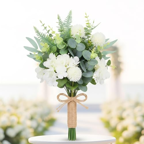 Probuk 55 Stück Künstliche Eukalyptus & Hortensien Zweige (Weiß) - Künstliche Blumenstrauß Dekoration für Hochzeit, Brautstrauß, DIY Blumengesteck, Tischdeko, Home Deko und Party