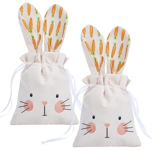 2 Stück Oster-Jutebeutel,Osterkörbchen,Osternester zum Befüllen,Geschenktüten Ostern,Osterhasen Taschen,Hasen-Jute-Geschenktüten mit Kordelzug,für Ostern Geburtstag Party Ostereiern Geschenk,13 x 18cm
