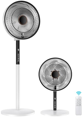 16 Pedestal Fan, Standing Cooling Fan with Remote, 9 Speeds, 9 Hour Timer, 4 Modes, 90° Oscillation, LED Display, Touch Control and Adjustable Height, Fan for Home and Office (Black and White)