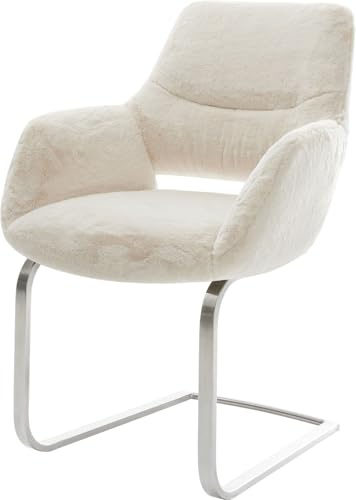 DELIFE Schwingstuhl Yago-Flex mit Armlehnen Freischwinger flach Edelstahl Plüsch Creme-Weiß Taschenfederkern