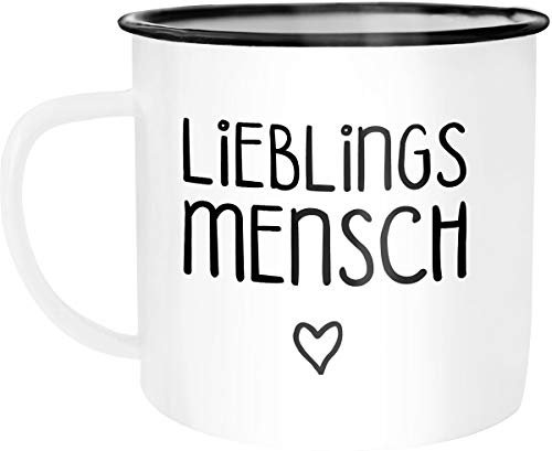 Moonworks Emaille Tasse Becher Lieblingsmensch Geschenk-Tasse Liebe Freundschaft Partner Freundin Kaffeetasse weiß-schwarz unisize