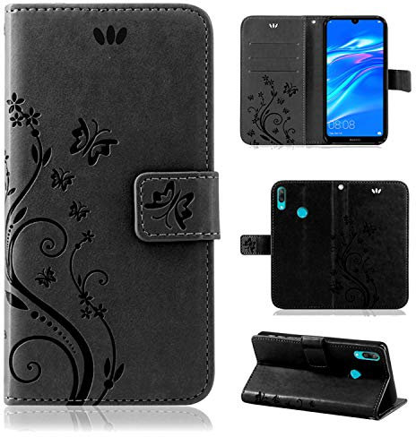 betterfon Hülle Kompatibel mit Huawei Y7 (2019) | Premium PU Leder Handyhülle Wallet Case für Y7 (2019) | Schutzhülle Blumen Klapphülle Handyhülle | Schwarz
