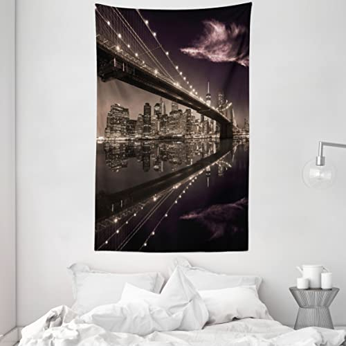 ABAKUHAUS New York Wandteppich und Tagesdecke, USA Amerika Skyline aus Weiches Mikrofaser Stoff Kein Verblassen Klare Farben Waschbar, 140 x 230 cm, Getrocknete Rose Hellbraun