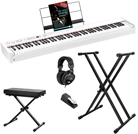Korg D1 WH Digital Piano Starter Set (con pedale, leggio, auricolari, tastiera, supporto per tastiera X e scuola di musica), bianco