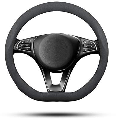 Ergocar Auto Lenkradbezug Rutschfester Auto Lenkradschutz D-Form Veloursleder aus Wildleder Leder Geeignet für alle Jahreszeiten für Durchmesser 38cm (15 ) (Schwarz)