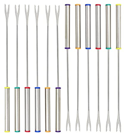 Honbay 12PCS Stainless Steel Fondue Forks Fondue Skewers with Heat Resistant Handle for Fruit Chocolate Fountain Marshmallow Shrimp BBQ Meat (6 Color, 9.25Inch)