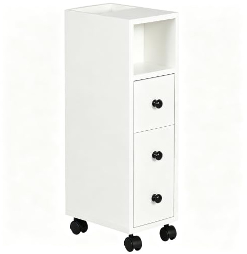 kleankin Badschrank Badezimmerschrank Badregal Kommode Standschrank Zwei Schubfächer offenes Fach Vier Räder Spanplatte Weiß 18x30x68,5 cm
