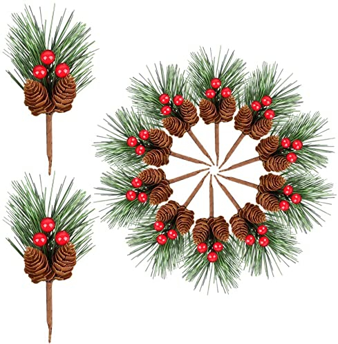 Tannenzapfen Rote Beere, XiXiRan 12 Stück Kleine Künstliche Tannenzweige mit Beeren und Tannenzapfen, für Weihnachtsdekoration Adventsdeko Weihnachten Blumen Arrangement Tischdeko Girlanden