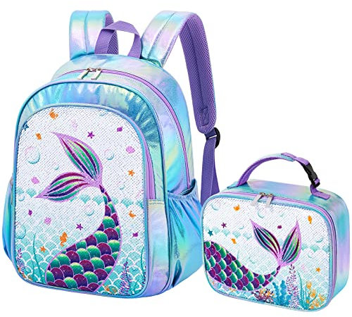 Pailletten Meerjungfrau Rucksack Set–Schulrucksack mit Lunch Tasche für Kinder Mädchen Kleinkind Vorschule Kindergarten Grundstufe 15'' Reisen Blau Funkeln Rucksack Isolierte Lunch Tasche Brotdose