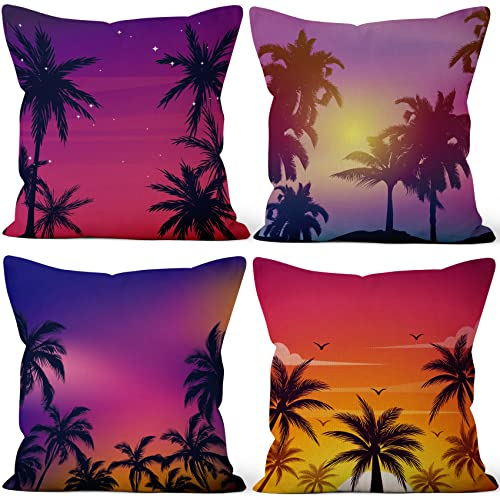 Aoihrraan 51x51cm 4er Set Decorativo Kissenbezug Tropisch Strand Palme Starr Sterne Quadratische Dekokissen Aus Mit Unsichtbarem Reißverschluss Leinen Zuhause Dekor Couch Sommer Garten Outdoor Sofa