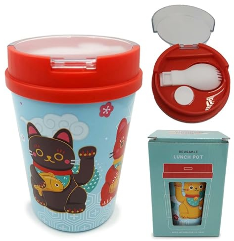 Puckator LPOT17 Maneki Neko Lucky Cat Reusable Lunch Pot/Snack Pot with Spork 500ml