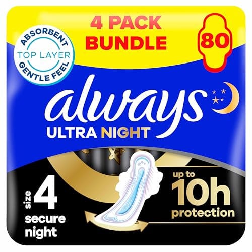 Always Ultra Sanitary Towels Secure Night (Size 4) Wings X20 Pads, Super Absorbent and Ultra Thin, for Menstrual Periods 20 x 4
