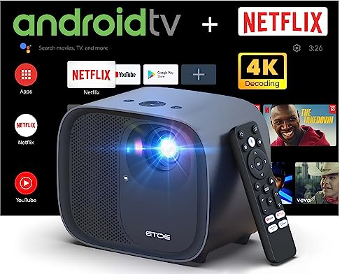ETOE E3 Pro Beamer, 4K Ultra HD Heimkino mit Autofokus und Auto Trapezkorrektur, 600 ANSI Lumen, 150, Android TV 11.0, Netflix-Zertifiziert, 2x10W Lautsprecher, Dolby Audio, HDR 10+