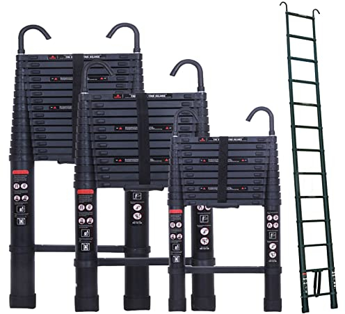 Escalera telescópica de aluminio de 3,2 m con 2 ganchos, antideslizante, con 11 peldaños, para exteriores e interiores, 150 kg, color negro