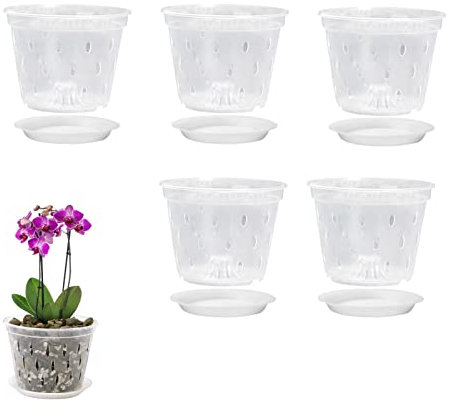 Vasi Per Orchidee Trasparente 14cm, 5/10/15 Vaso di Fiori in Plastica con Fori e Piattini, Vasi di Fiori Moderno, Vaso per Piante da Interno Esterni Giardino Balcone, Vasi Bonsai per Orchidee Viola