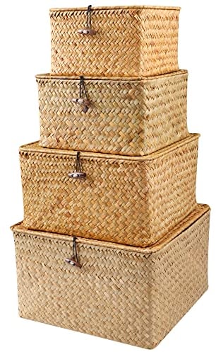 FEILANDUO 4Pcs Wicker Storage Baskets with Lids Seagrass Woven Baskets for Shelves Stackable Storage Boxes for Organizing Rattan Bins (Natural)