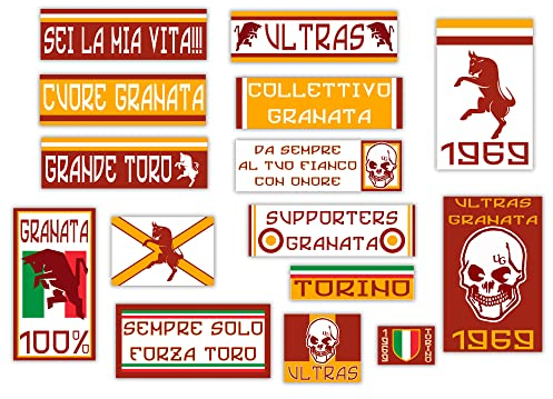 GamesMonkey® - Set mit 15 Aufklebern Ultras - Torino Granate - Probe Fußball Scudetto - Vinyl glänzend HD - Made in Italy Wasserdicht Outdoor Innenraum Auto Motocross Fahrradhelm Stoßstange