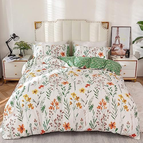 Housse de Couette 240 x 260 Coton Motif Fleurie Parure de Lit 100% Coton Imprimé Feuilles Vertes Adulte Parure Housse Couette 240x260 avec Fermeture Éclair 2 Personnes avec 2 Taies d'oreiller 65x65cm