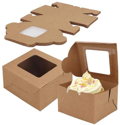 GOYADA 50 Pack Brown Cake Box 4 Inch With Window - Kraft Paper Gift Boxes for Cookies, Muffins, Donuts and Small Portions