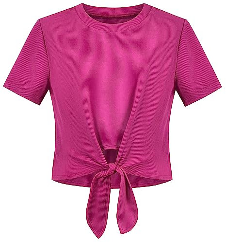 Mädchen T-Shirt Crop-Top Gerippt Stricken Binden Knoten Saum Basic Beiläufig Kurz Gr. 128-134,Pinkish Purple,128-134