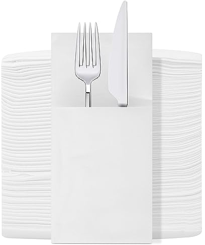 Trimming Shop White Disposable Napkin Cloth Like with Built-in Flatware Pocket, Linen Feel Prefolded for Silverware Cutlery Holder for Wedding, Dinner, Events, Birthday, Parties, Decoration Pack of 50