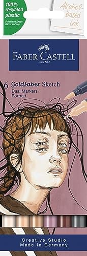 Faber-Castell 164812 - Goldfaber Sketch Marker Portrait, 6er Etui Alkohol Marker mit Brush Spitze und Fineliner Spitze