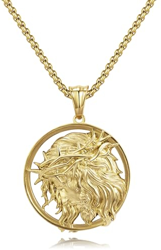CyxenNova Kreuz Kette Herren Halskette Herren Königskette Plattenkette Edelstahl Männer Anhänger, Schmuck für Damen Geschenke (Jesus mit Dornen)