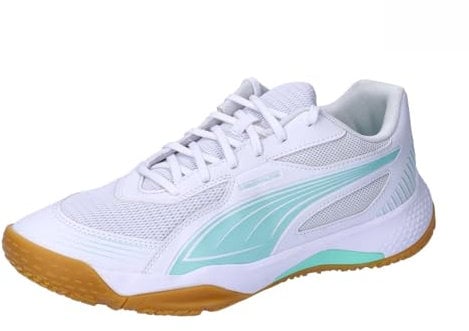 PUMA Unisex Solarflash III W+ Indoor Court Shoe, White-Electric Peppermint, 37.5 EU