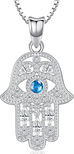 Fatima Hand Kette Silber 925 Hamsa Hand Kette für Damen Hand der Fatima Anhänger Kette und Blaue Auge, Halsketten Fatimas Hand Schmuck für Damen Mädchen
