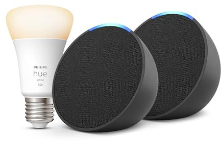 Echo Pop | Charcoal, 2-pack + Philips Hue White Smart Light Bulb LED (E27), Works with Alexa - Smart Home Starter Kit