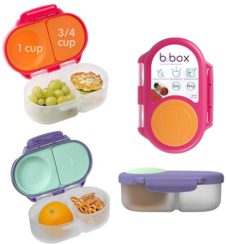 b.box 2er-Pack Bento-Snackbox | Auslaufsicherer Lebensmittelbehälter mit zwei Fächern und Deckel | Ideal für Kleinkinder, Kinder-Mittagessen und Snacks | Erweiterbare Oberfläche | Rosa/Lila