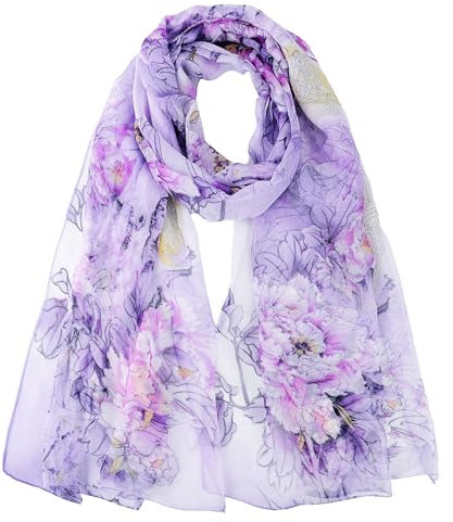 GoGou Scarf for Women Chiffon Scarfs Lightweight Flower Print Large Scarf Shawl Head Scarves Wrap for Spring Summer Autumn Winter 160 * 50cm (Purple)
