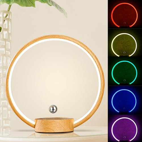 ele ELEOPTION Ring Light,2024 Upgraded 3D-Magnetschwebe-Ringlicht,5 Farbverlauf Einstellbare Led-Lampe Nachttischlampe Touch Dimmbar Wiederaufladbare Dekorative Lampe (Farbe der Holzmaserung)