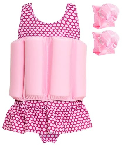 Summshall Baby Girls Swimsuit with Floatation Toddler One Piece Swimsuits Kids Swim Vest Swimwear Float Suit Summer Beach Bathing Suit Pink White
