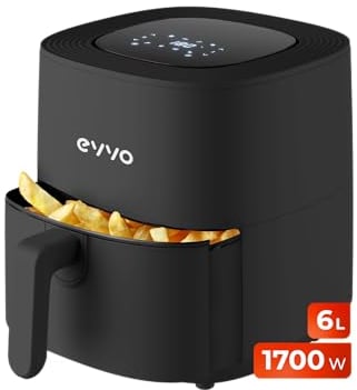 EVVO Freidora de aire sin aceite de 6L, 1700W, Recipiente Antiadherente, Tecnología Dual Cyclone, Multifunción, Hornea, Deshidrata, Descongela, hasta 200º, Apagado Automático (Color Negro)
