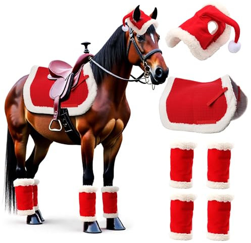 LITGURU 6 Stück Weihnachts-Schabracken-Dekorationen: Weihnachtsmann-Beinwickel mit Kunstfell, fröhliche Weihnachtsmannmütze für Pferde und Allzweck-Western-Schabracke, perfektes Kostümzubehör für